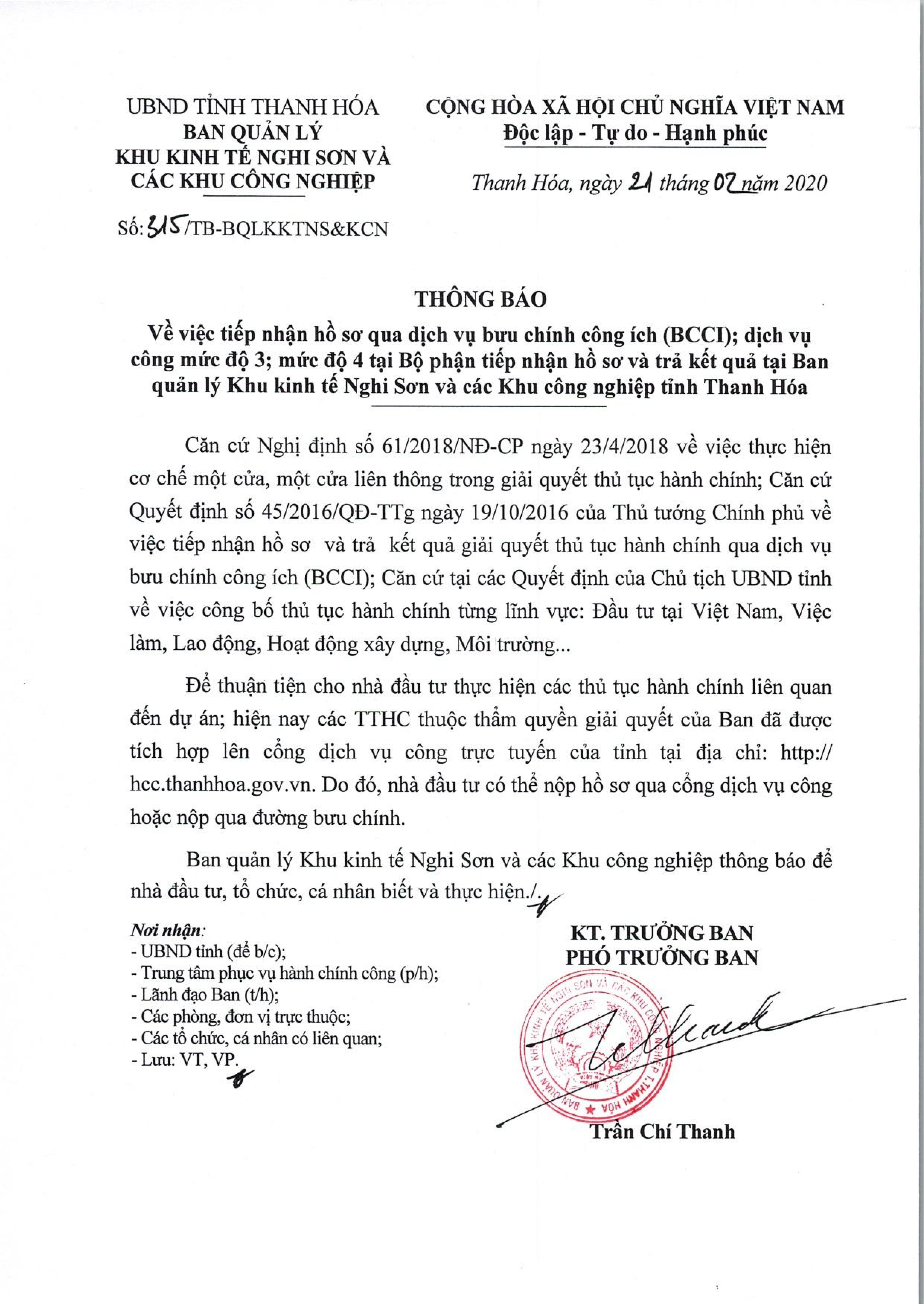 Thông báo tiếp nhận hồ sơ qua dịch vụ bưu chính công ích; Dịch vụ công mức độ 3; mức độ 4 tại Bộ phận tiếp nhận và trả kết quả tại Ban quản lý KKT Nghi Sơn và các KCN