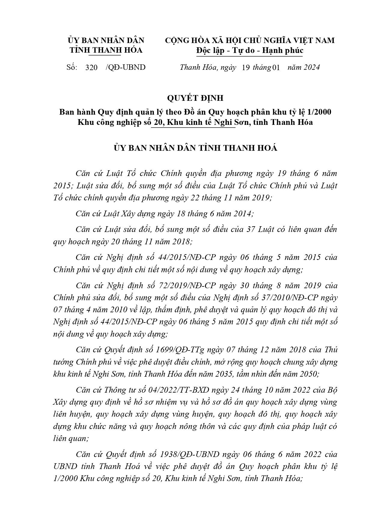 Ban hành Quy định quản lý theo Đồ án Quy hoạch phân khu tỷ lệ 1/2000 Khu công nghiệp số 20, Khu kinh tế Nghi Sơn, tỉnh Thanh Hóa.